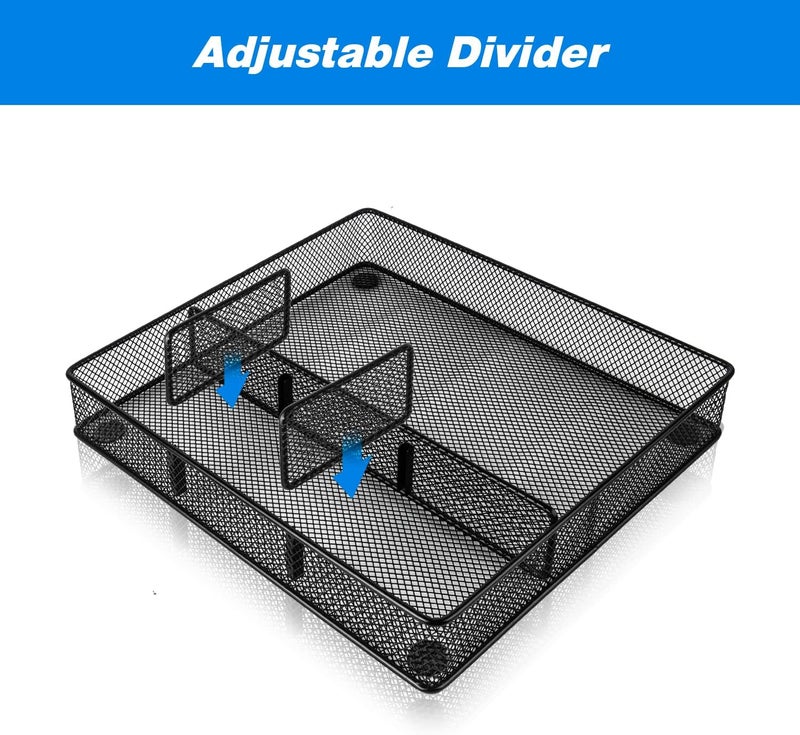 VyGrow Desk Drawer Organizer Tray, Metal Mesh Drawer Organizers Office, 4 Grid with Adjustable Compartment, Desk Organizer Tray for Home Office 12x10.6x1.9 inch Black, 2 Pack - Image 2